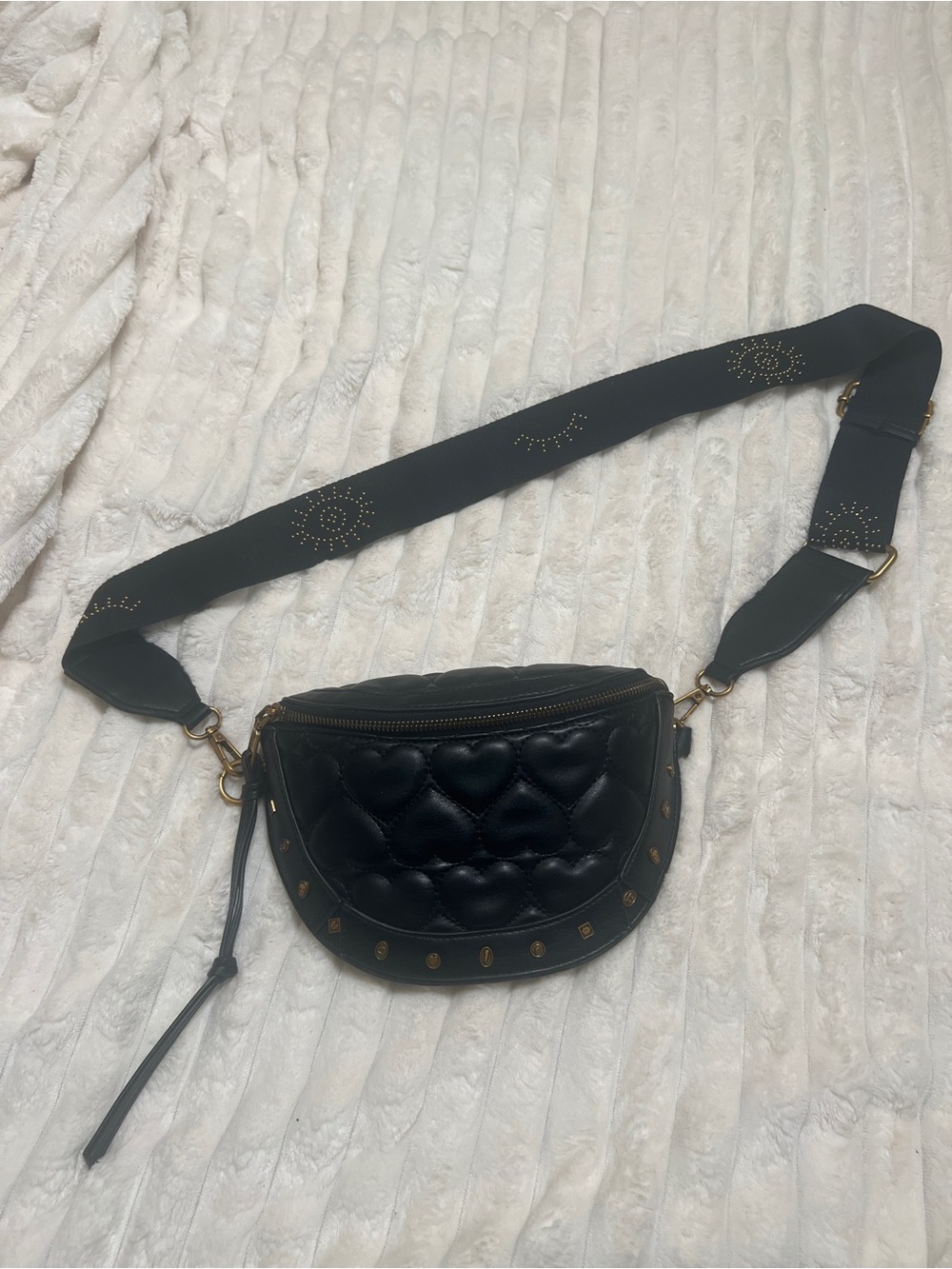 Betsey Johnson Black Quilted Heart Belt Bag with Studded Trim